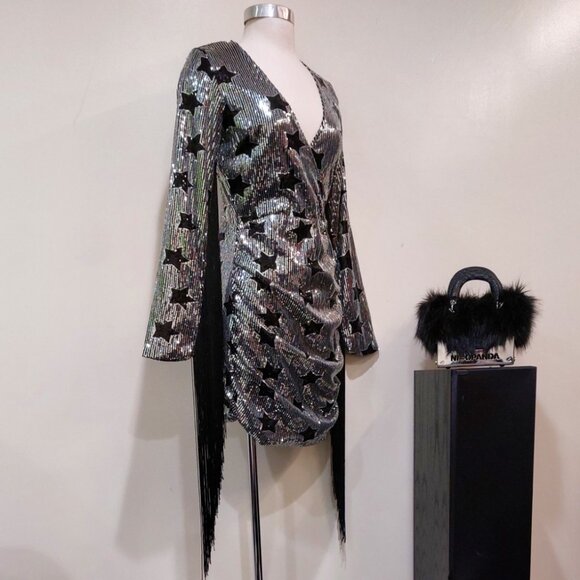 💥SHOWSTOPPER💥Sequin Cocktail Dress w/ Tassel Fringe in Silver & Black - Picture 9 of 15